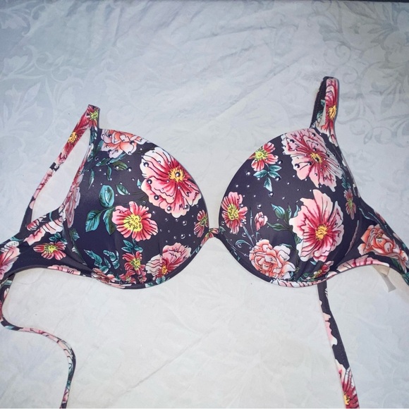Studded Padded Bikini Top Light Push Up Floral Swim Top Swimsuit 34D Flower S/M - Picture 3 of 8
